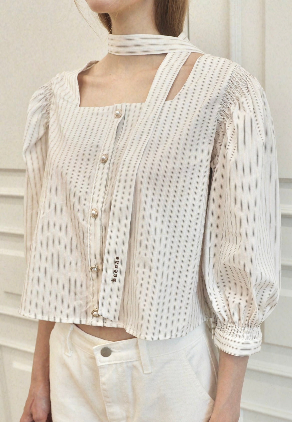 Square Neck Tie Blouse -  Brown