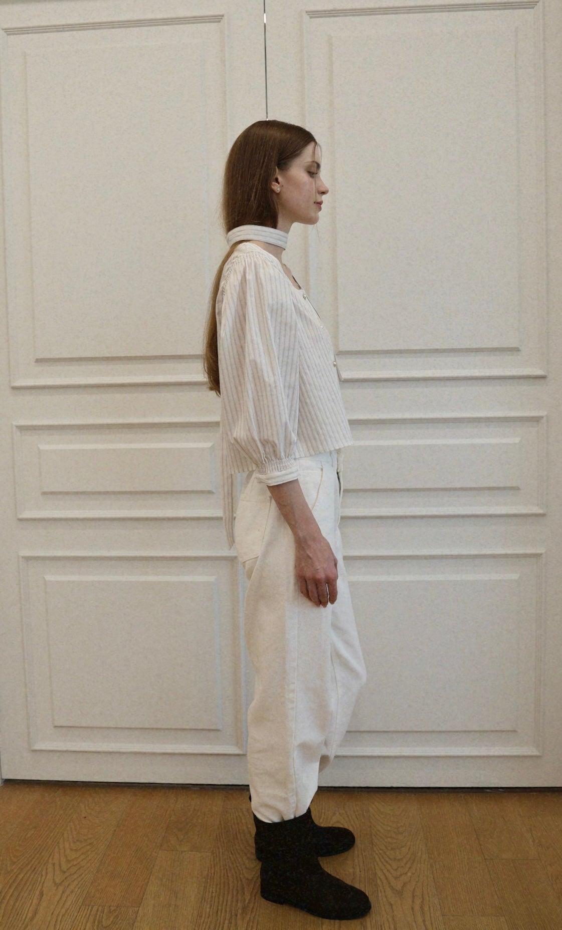 Square Neck Tie Blouse -  Brown