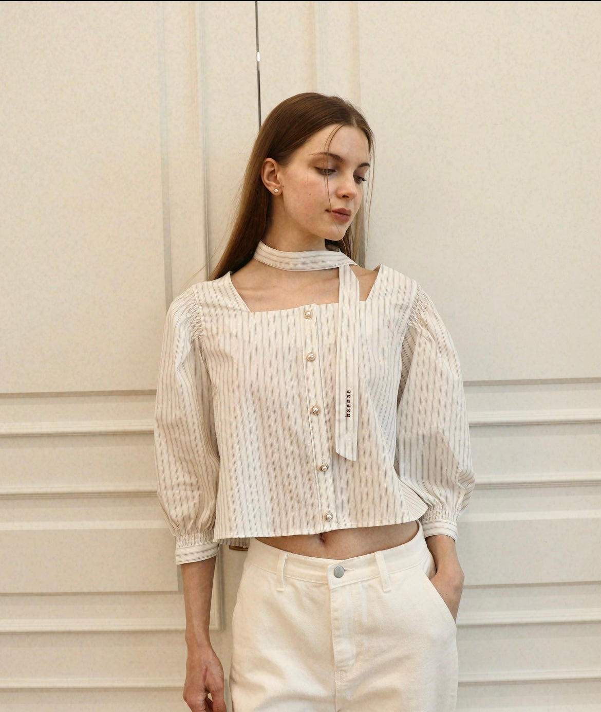 Square Neck Tie Blouse -  Brown