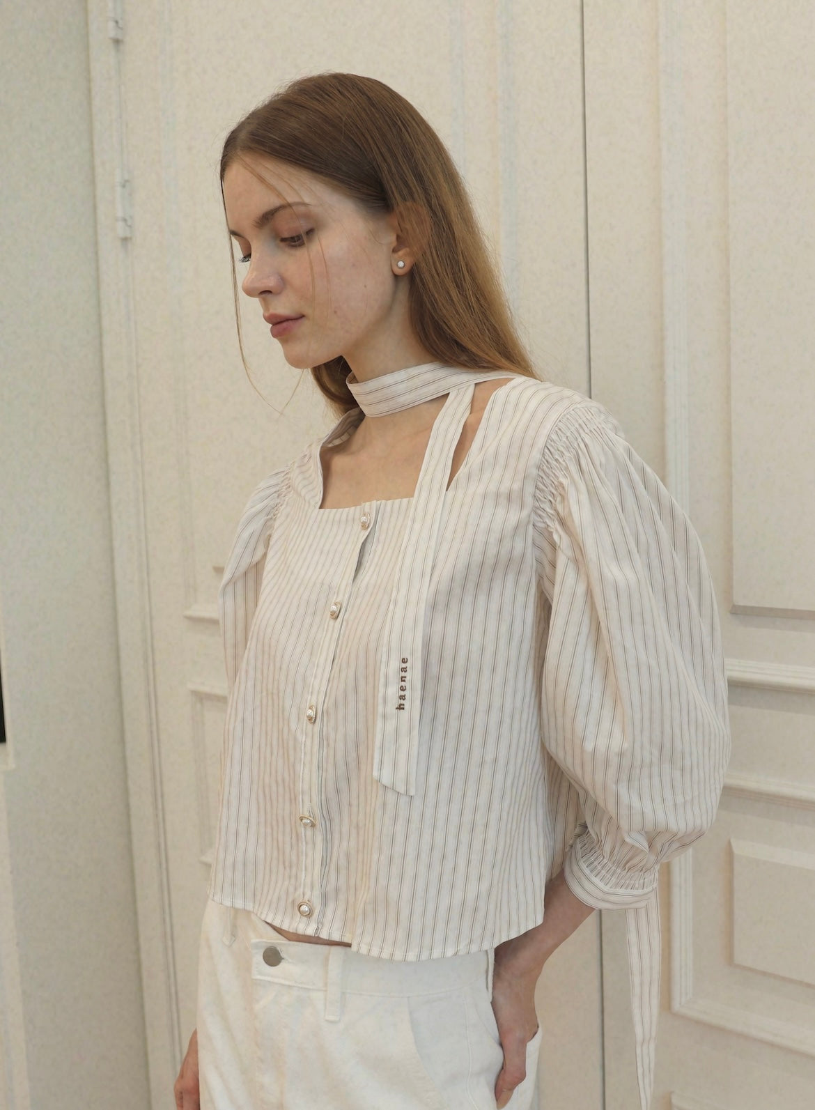 Square Neck Tie Blouse -  Brown