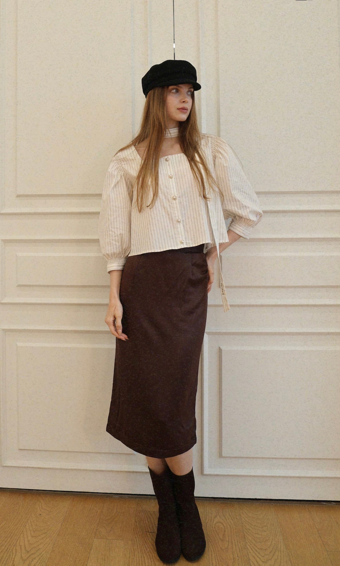 Square Neck Tie Blouse -  Brown