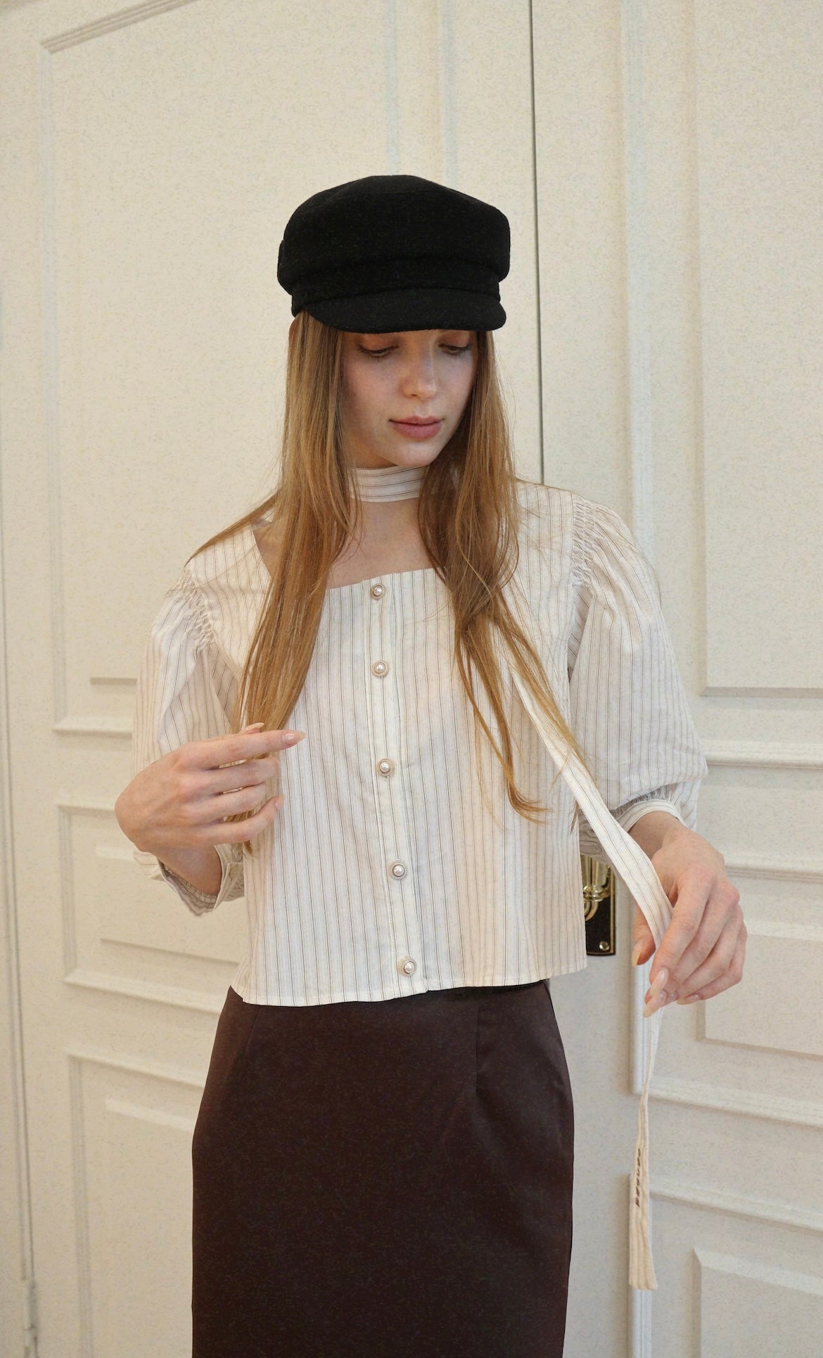 Square Neck Tie Blouse -  Brown